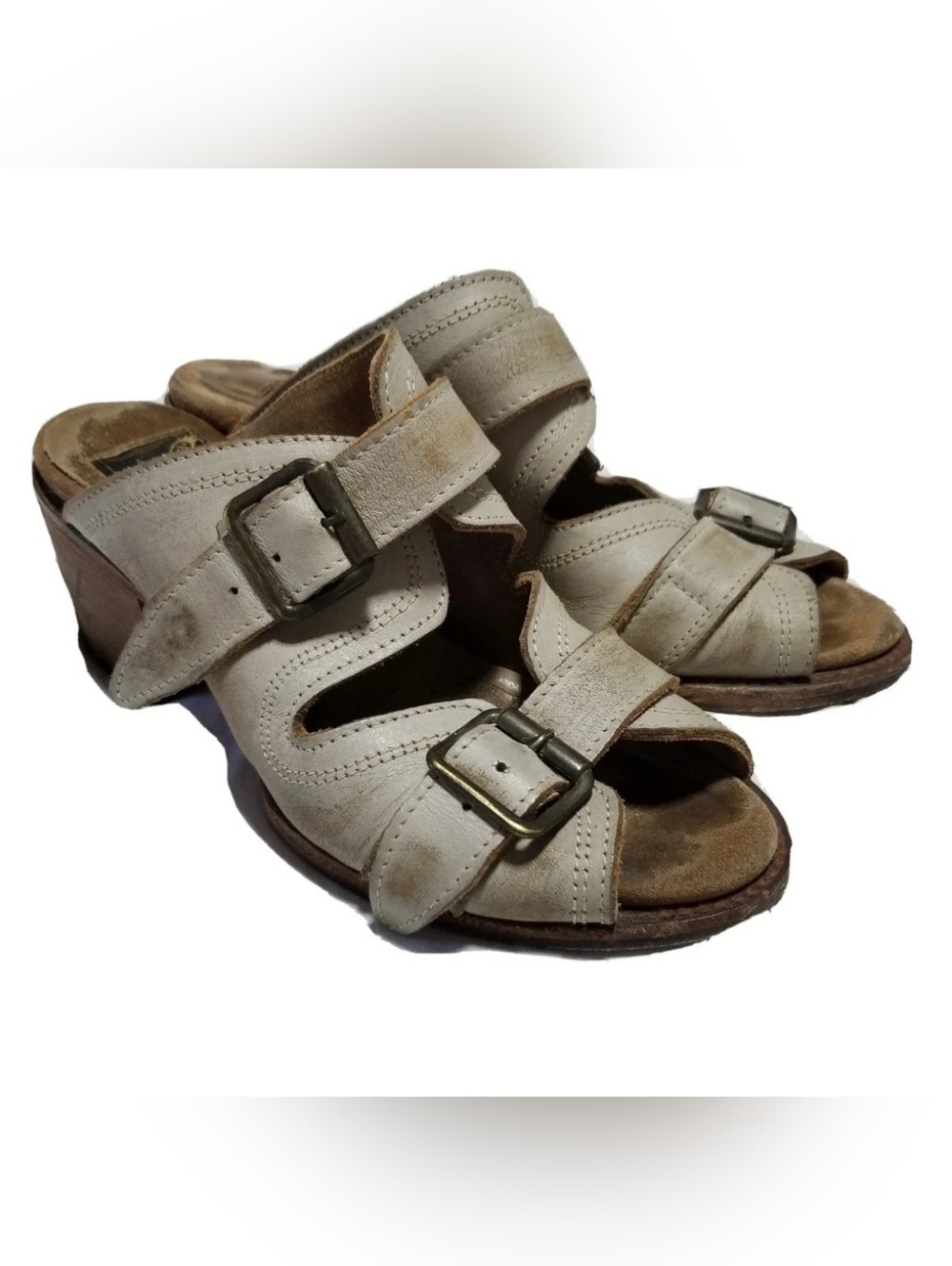 Freebird Caprise Women Size 8 Beige Leather Block Heel Sandals w Buckles